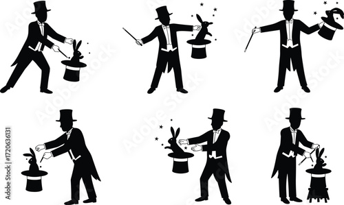 Magician silhouette, top hat tricks, rabbit magic, dove illusion, flower bouquet, stage performance, wand act, classic magician pose, tuxedo costume, black and white, vintage magic