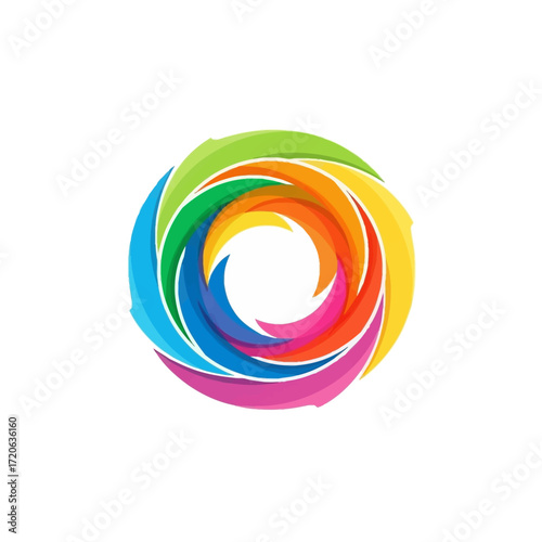 Colorful Abstract Swirl Logo Design with Rainbow Gradient and White Outline.
