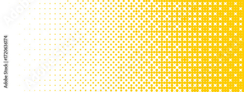 Yellow bitmap gradient texture. Fading pixelated 8 bit gradation pattern. Raster video game halfton patern. Repeating dotted dither halftone background. Vector degrading comic pop art overlay backdrop