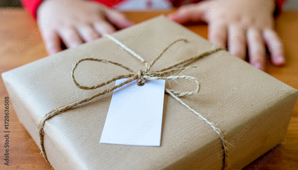 Obraz premium Wrapped Gift: A beautifully presented present, wrapped in rustic paper and tied with natural twine, sits ready to be unwrapped, representing the joy of giving and receiving a thoughtful surprise.