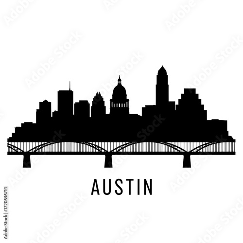 Austin Texas Skyline Silhouette with Congress Avenue Bridge Black and White