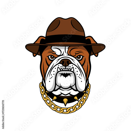 Cartoon Bulldog Portrait with Brown Fedora and Gold Chain Collar