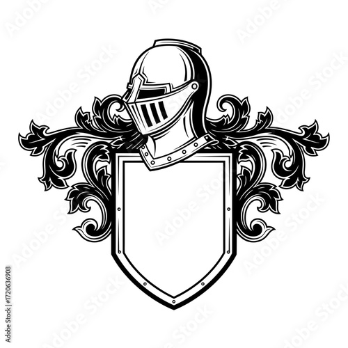 Detailed Black and White Knights Helmet and Shield Emblem with Flourishes
