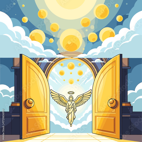 Golden Gates of Heaven with Angelic Figure and Celestial Spheres