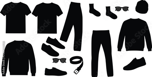 Clothing silhouette set, t-shirt, pants, shoes, sweater, socks, belt, sunglasses, casual outfit, black vector, fashion design illustration