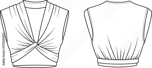 Sleeveless crop top fashion, twisted knot front detail, draped V-neck design, technical flat sketch, apparel vector illustration, garment construction drawing, clothing design CAD