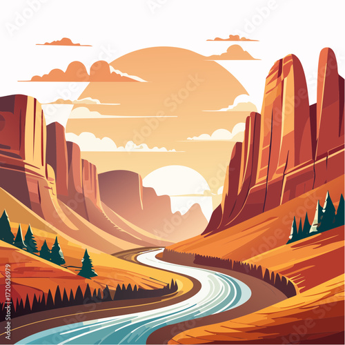 Stunning canyon landscape with river flowing through, vibrant sunset colors, perfect for travel, tourism, and outdoor adventure visuals