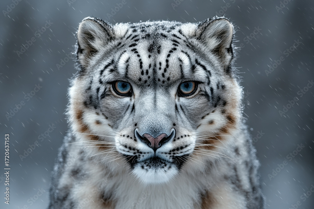 Fototapeta premium Snow leopard resting on rocky surface, looking directly at the camera with intense gaze.