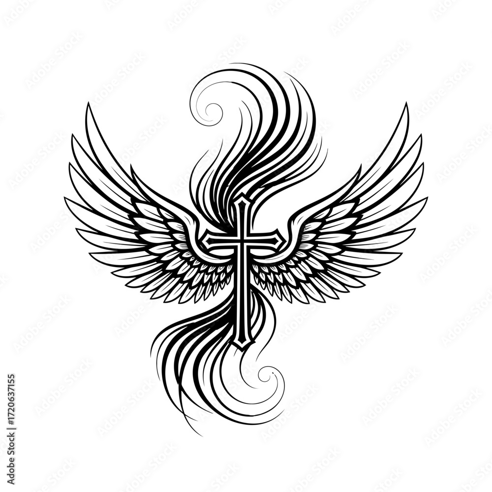 Obraz premium Intricate Winged Cross Design with Flowing Lines and Detailed Feathers