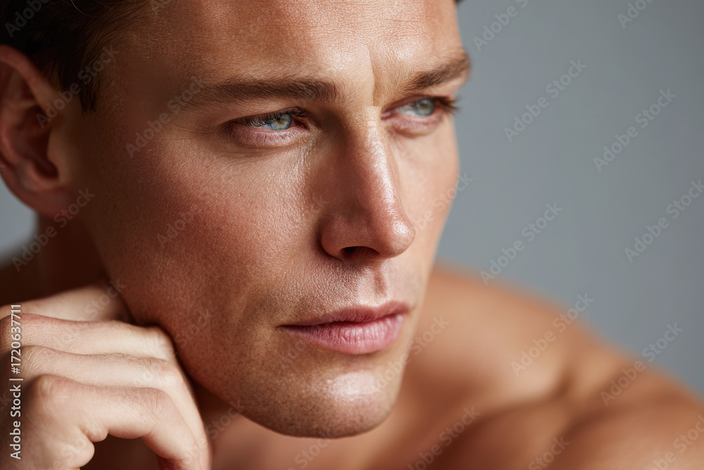 Fototapeta premium man with his hand on his face and tense jawline stands against clean solid background