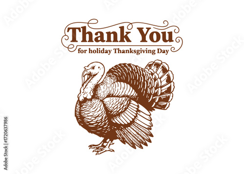Hand lettering expressing gratitude for Thanksgiving Day. Vintage retro design featuring a black and white turkey illustration, in a grunge old school vibe. Side profile view. Vector art.