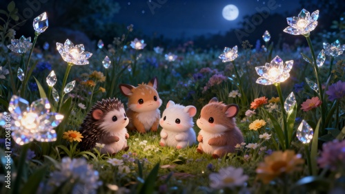Adorable Animals in a Field of Gemstone Flowers