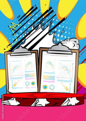 Comic Book Product podium stage for mock-up presentation with business report. Retro comics background.