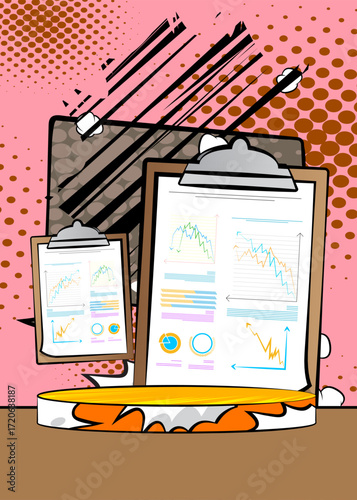 Comic Book Product podium stage for mock-up presentation with business report. Retro comics background.
