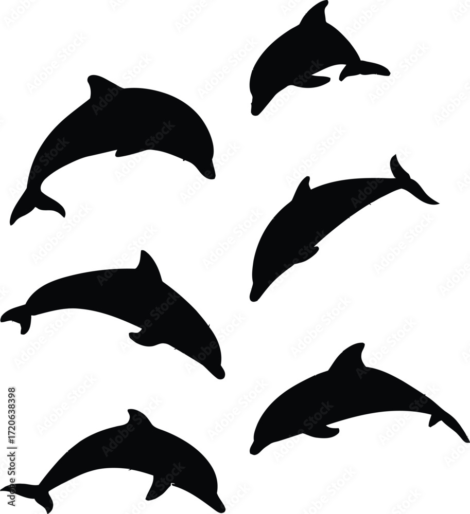 Fototapeta black silhouette dolphins,jumping dolphins,dolphin silhouettes,ocean creatures,wildlife silhouettes,marine life illustrations,underwater animals,animal shadows,aquatic life shapes
