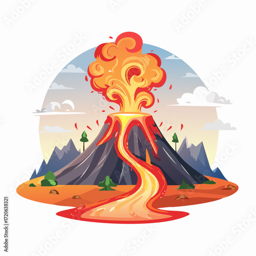 Dynamic volcano eruption illustration with flowing lava, vibrant colors, and dramatic sky, perfect for educational content or travel projects