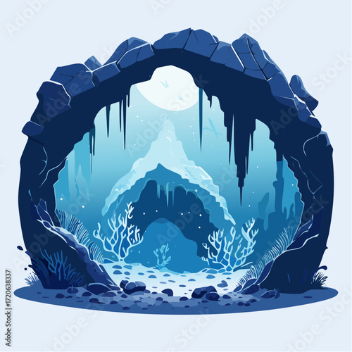 Discover a stunning underwater cave scene with vibrant coral, ice formations, and a serene moonlit ambiance for your creative projects