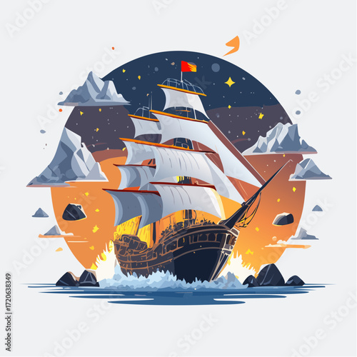 Majestic sailing ship navigating turbulent waters beneath a starry night sky, evoking adventure, exploration, and maritime history, perfect for travel and nautical themes