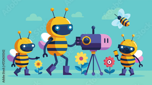 A team of small agile robots equipped with precision tools and cameras work together to pollinate crops mimicking the movements of bees with remarkable accuracy.. Vector illustration