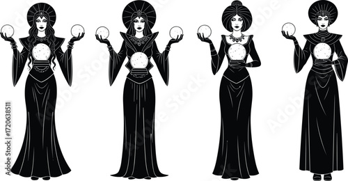 Mystical woman, crystal ball, fortune teller, black and white, occult art, magical robe, elegant silhouette, fantasy character, spiritual icon, divination pose, mystic illustration