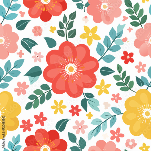 Vibrant Floral Pattern Vector with Abstract Gradients, Blooming Flowers and Leaves - Perfect for Decorative Art