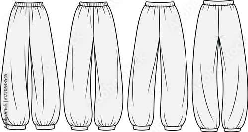Harem pants fashion, dropped crotch loose fit, elastic waist and ankle design, technical flat sketch, apparel vector illustration, garment construction drawing, clothing design CAD