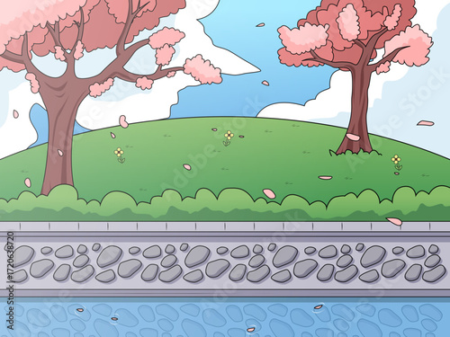 Serene spring landscape with pink cherry blossom trees stone embankment and blue sky with clouds creating a peaceful stylized scene of nature beauty and seasonal tranquility