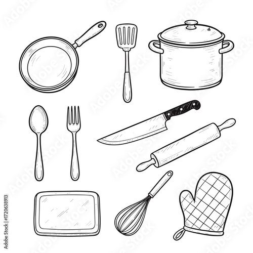 Set of  kitchen icons in hand drawn doodle style. Vector illustration with frying pan, pot, spatula, knife, fork, spoon, rolling pin, whisk, chopping board, oven mitt
