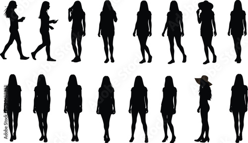 Female silhouette vector, woman walking pose, standing lady shadow, girl outline illustration, fashion model posture, black silhouette design, modern artwork