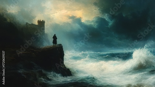 Solitude by the Tempestuous Sea: A Man Contemplates a Stormy Ocean Beside an Ancient Castle
