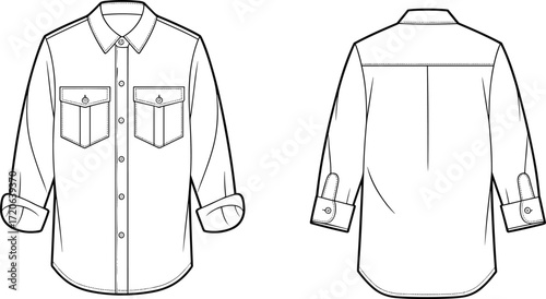 Long sleeve button-up shirt fashion, rolled sleeve design, chest pockets with flaps, technical flat sketch, apparel vector illustration, garment construction drawing, clothing design CAD