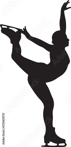 Black silhouette of a female figure skater performing an arabesque pose on ice skates black and white