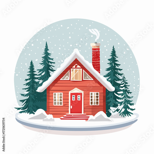Cozy winter cabin scene with snow falling, perfect for Christmas cards and holiday designs, evoking warmth and festive cheer this season