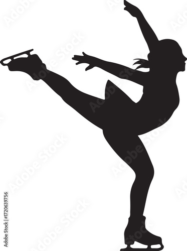 Black silhouette of a female figure skater performing an arabesque on ice skates figure skating woman