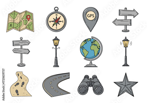 Set of  navigation icons in hand drawn doodle style. Vector illustration with map, compass, GPS pin, road sign, globe, street lamp, hiking path, road, binoculars, star