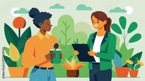 A journalist interviews the gardens curator for a feature article learning about the plants and their significance in different cultures.. Vector illustration
