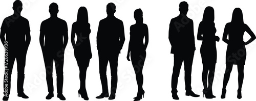 Group silhouette, men and women outline, standing pose, fashion figure design, casual and formal style, human shadow illustration, vector people