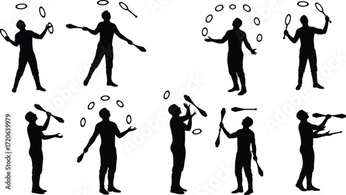 Silhouette of jugglers performing with rings and clubs, creative circus entertainment, talent performance, skill activity, juggling art, vector illustration