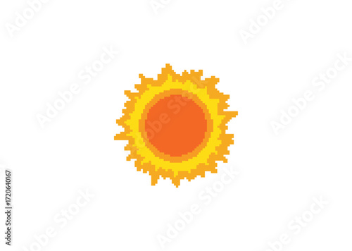  A pixel art illustration of a bright sun with fiery yellow rays and an orange core, symbolizing warmth, energy, and light.