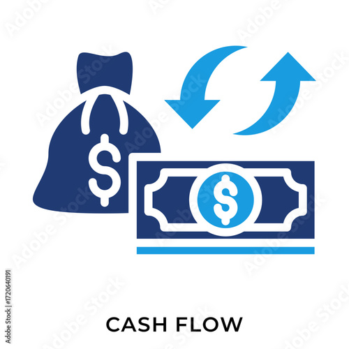 Cash Flow Icon in Dark Blue Style - A bold dark blue illustration showing a money bag with a dollar sign, a paper banknote, and curved arrows indicating financial circulation and liquidity