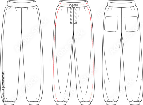 Sweatpants fashion design, elastic waistband style, drawstring front detail, patch pocket back view, technical flat sketch, apparel vector illustration, garment construction drawing, 