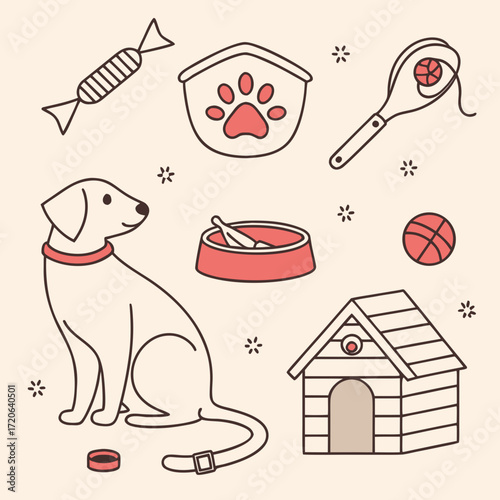 “Minimal outline pet icons — dog, cat, paw print, food bowl, leash, fish, bird, pet house, grooming, vet care — thin stroke vector, cute style.”