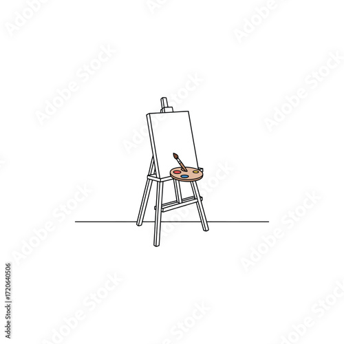 Simple line drawing of an artist s easel with a canvas and brushes
