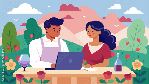 A young couple shares a laptop in the outdoor kitchen of the vineyard chateau planning their wedding amidst blooming roses and gvines.. Vector illustration