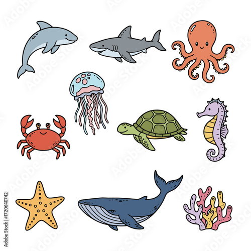 Set of  sea life icons in hand drawn doodle style. Vector illustration with dolphin, shark, octopus, jellyfish, crab, turtle, starfish, seahorse, whale, coral