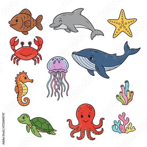 Set of  sea life icons in hand drawn doodle style. Vector illustration with fish, dolphin, whale, crab, starfish, jellyfish, seahorse, turtle, octopus, coral