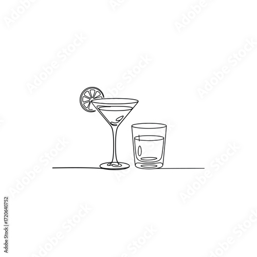 Minimalist line art illustration of a martini glass and a shot glass