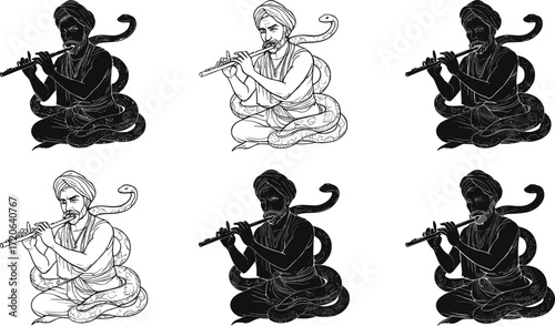 Snake charmer illustration, traditional performer with flute, Indian cultural art, cobra snake drawing, folk music performance, ethnic artwork, vector silhouette design