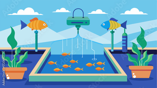 A smart irrigation system in a hydroponic fish farm automatically adjusting water and nutrient levels based on data from sensors and weather forecasts.. Vector illustration
