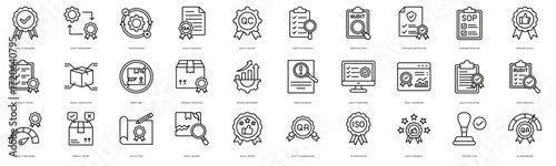Quality Assurance Icon line set. Quality Assurance, Quality Control, Inspection Checklist, Inspection Audit, Compliance Certification and Standard Procedure